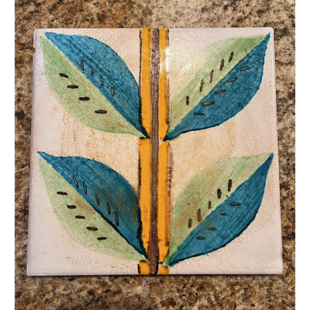 Italian Terracotta Tile Trivet Plaque Hand Painted Vintage MCM 7.75" Square